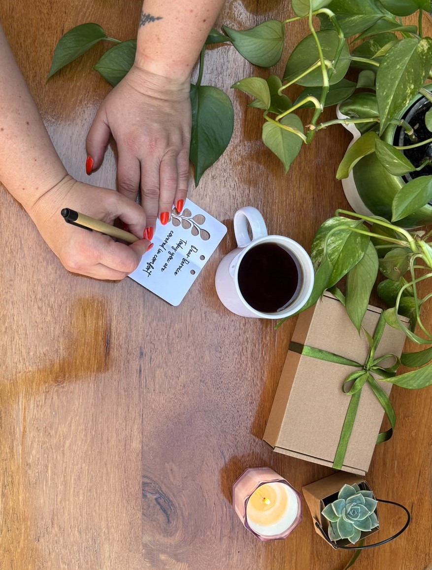 A thoughtful gift, handwritten note and cup of tea